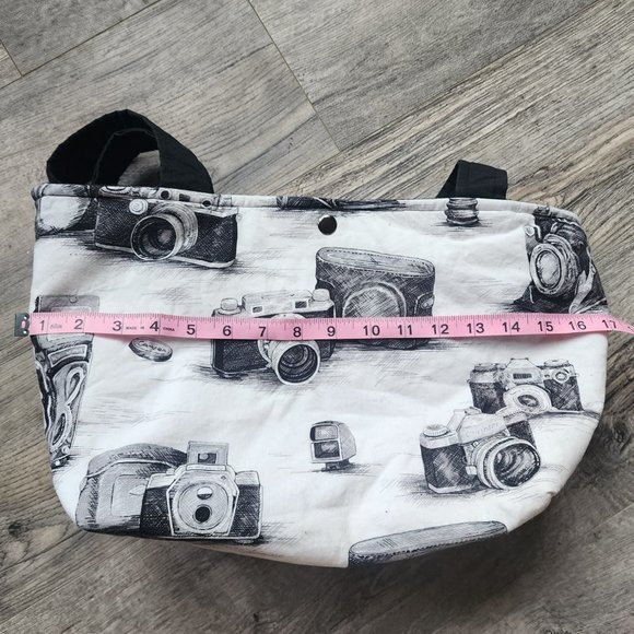 Large Sketched Camera Handmade Black and White Tote Bag 16x10 - Picture 2 of 5